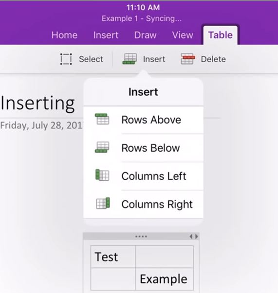 insert a row to a table in onenote for mac